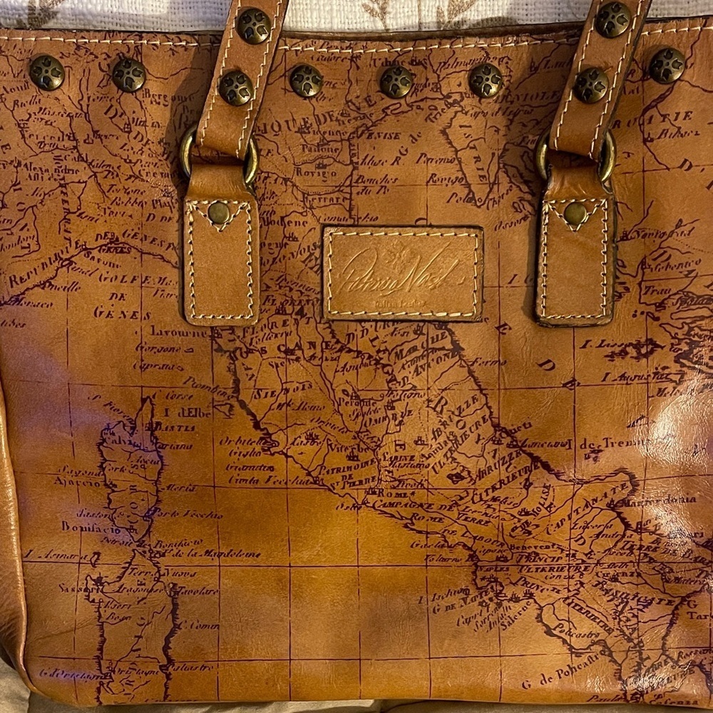 Patricia Nash Map Brown Leather Tote Bag with Handles and Long Strap - Picture 3 of 9